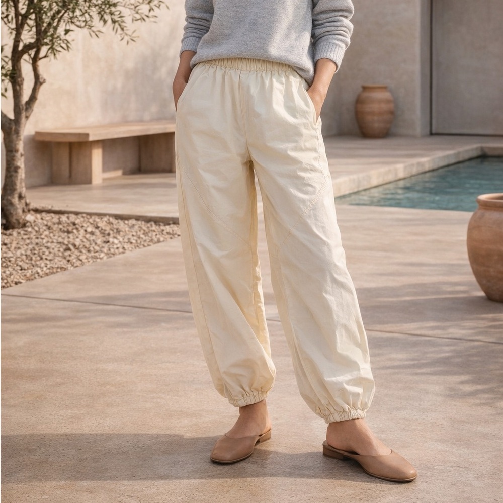 ASOS Cream Wide-Leg Elastic-Hem Pants